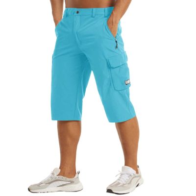 Capri Pants for Men With Pockets - Tactical Shorts Casual Athletic Summer Fishing Cargo Long Shorts - Ice Blue