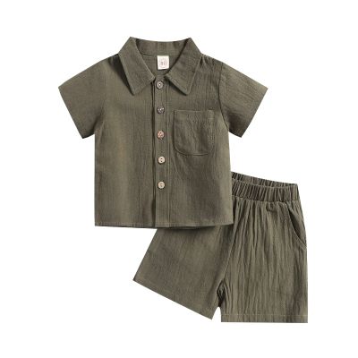 SHIBAOZI Toddler Baby Boys Clothes Set Button-down Shirt Tops + Cotton Linen Shorts Summer Outfit 2PCS with Pockets (Army Green, 6-12 Months)