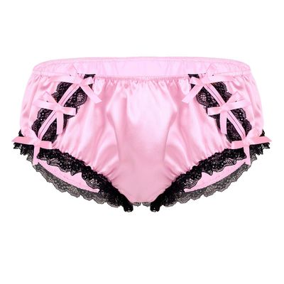 Zaldita Men's Sissy Lingerie Underwearn Girly Shiny Satin Cute Bowknot Bikini Briefs Underpants Pink X-Large