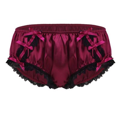 Zaldita Men's Sissy Lingerie Underwearn Girly Shiny Satin Cute Bowknot Bikini Briefs Underpants Wine Red Large