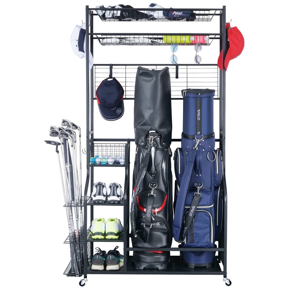 Mythinglogic Golf Club Storage Rack - 2 Golf Bags Stand and Golfing Equipment Accessories Storage Organizer with 4 Removable Hooks, Metal Black Golf Rack for Garage
