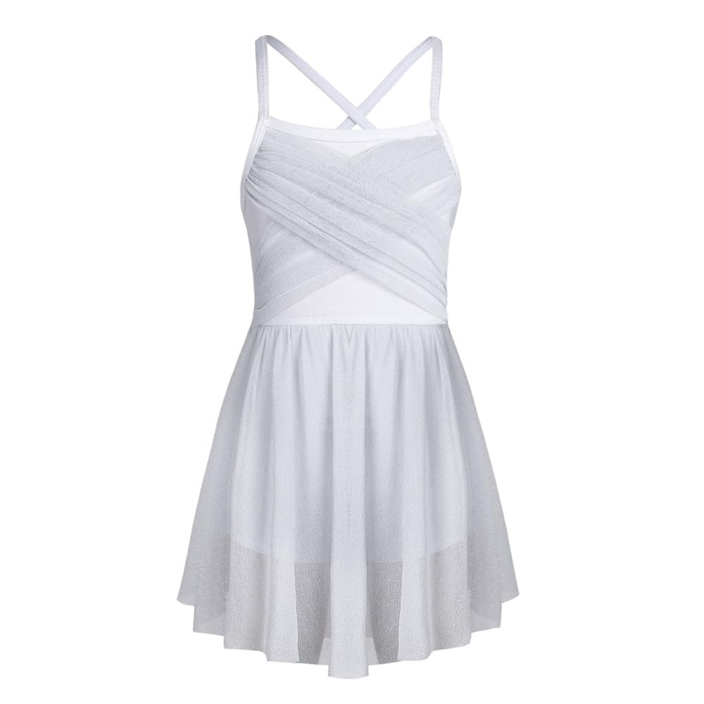 Fldy Girls Camisole Spaghetti Straps Ruffled Mesh Dress Kids Ballet Dancewear for Gymnastics Performance White 8 Years