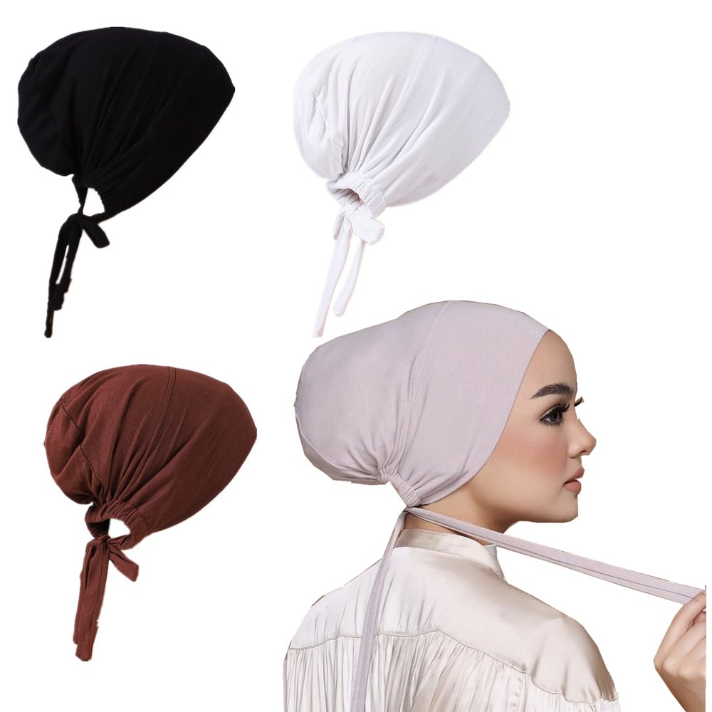 3 Pieces Adjustable Muslim Inner Under Hijab Cap with Ties Back Islamic Under Scarf Bonnet Caps Chemo Cap (White)