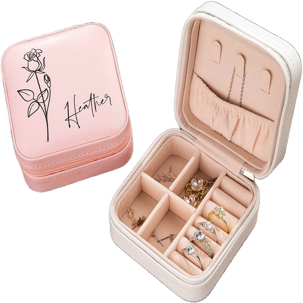 Custom Name Birth Flower Jewelry Box for Women Girls Layer Jewelry Organizer Storage Case Travel Jewelry Box Organizer Box for Earrings Rings Necklaces Case Gift for Wedding Engagement Birthday
