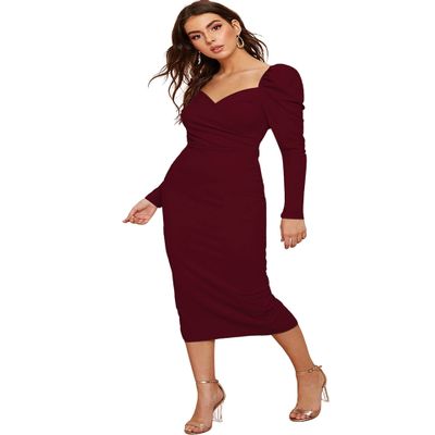 rosery paris Women's MIDI Bodycon Dress One Piece Dress for Women Trendy Western Bodycon (Black) (US, Alpha, Medium, Regular, Regular, Maroon)