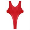 Manyakai Women Glossy One Piece High Cut Swimwear Sexy Round Neck Bathing Suit Beach Party Bodysuit Red Medium view 4