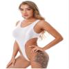 Manyakai Women Glossy One Piece High Cut Swimwear Sexy Round Neck Bathing Suit Beach Party Bodysuit White Medium view 2