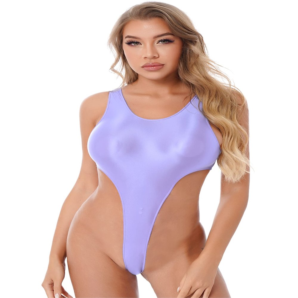 Manyakai Women Glossy One Piece High Cut Swimwear Sexy Round Neck Bathing Suit Beach Party Bodysuit Purple Medium