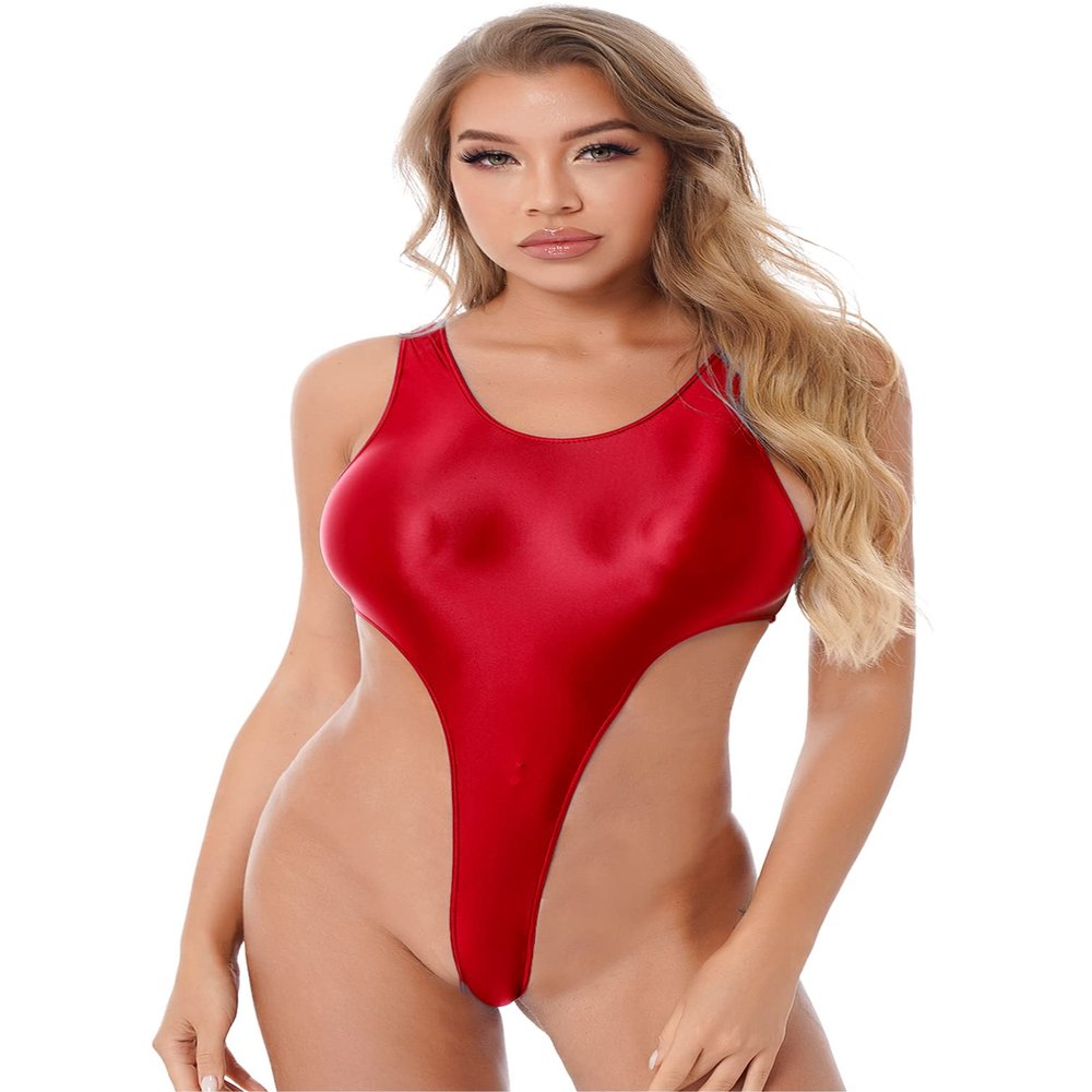 Linjinx Womens Oil Glossy See Through Shaping Leotard One Piece Swimsuit High Cut Bodysuit Thong Red Large