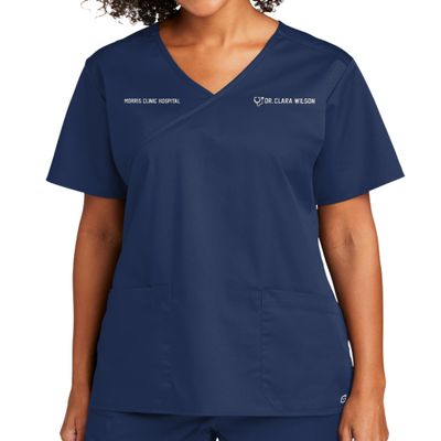 TEEAMORE Custom Emroidered Scrub Top Add Your Embroidery Name Text Women's Workflex Medical Mock Wrap Top Navy