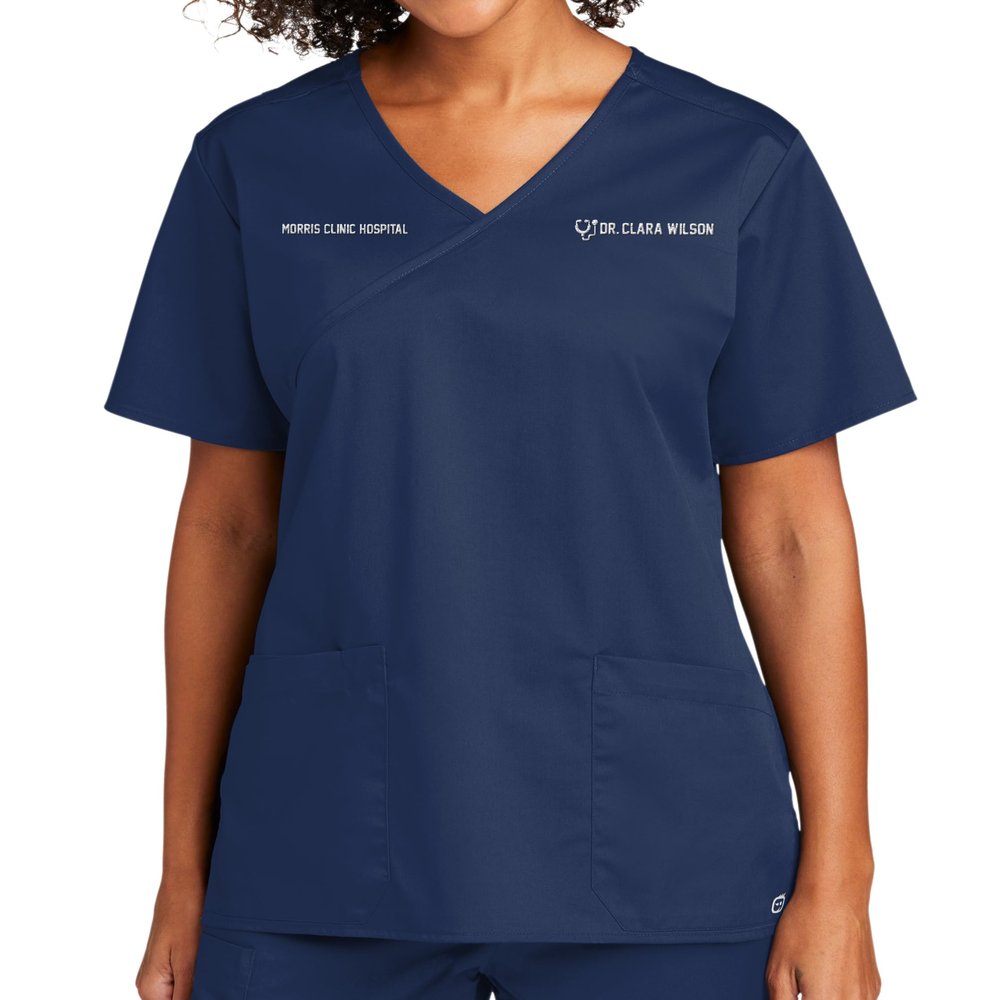 TEEAMORE Custom Emroidered Scrub Top Add Your Embroidery Name Text Women's Workflex Medical Mock Wrap Top Navy
