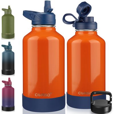 CIVAGO 64 oz Insulated Water Bottle With Straw, Half Gallon Stainless Steel Sports Water Flask Jug with 3 Lids (Straw, Spout and Handle Lid), Large Metal Thermal Cup Mug, Deep Orange