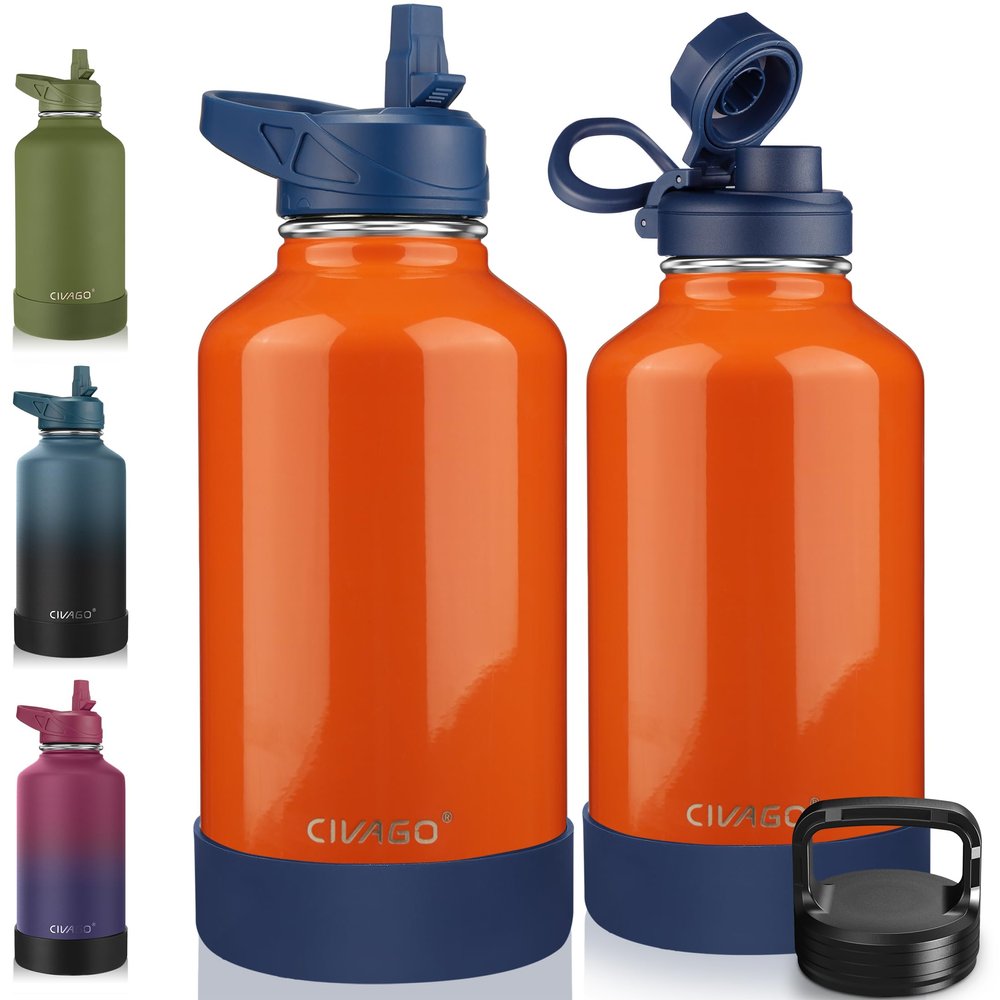 CIVAGO 64 oz Insulated Water Bottle With Straw, Half Gallon Stainless Steel Sports Water Flask Jug with 3 Lids (Straw, Spout and Handle Lid), Large Metal Thermal Cup Mug, Deep Orange