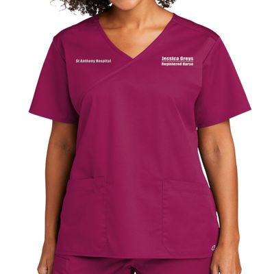 TEEAMORE Custom Emroidered Scrub Top Add Your Embroidery Name Text Women's Workflex Medical Mock Wrap Top Wine