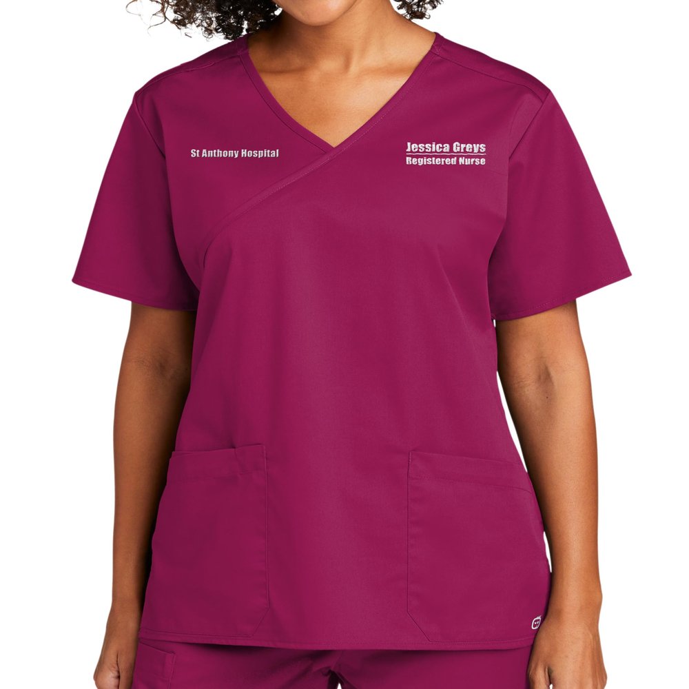 TEEAMORE Custom Emroidered Scrub Top Add Your Embroidery Name Text Women's Workflex Medical Mock Wrap Top Wine