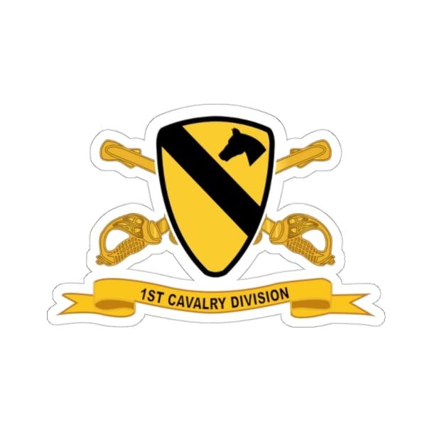 Kiss-Cut Stickers - Army - 1st Cavalry Division - SSI w Br - Ribbon (6"x6", White)