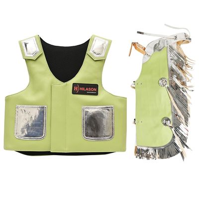 HILASON Junior Youth Bull Riding Pro Rodeo Leather Protective Vest Chaps Olive Green