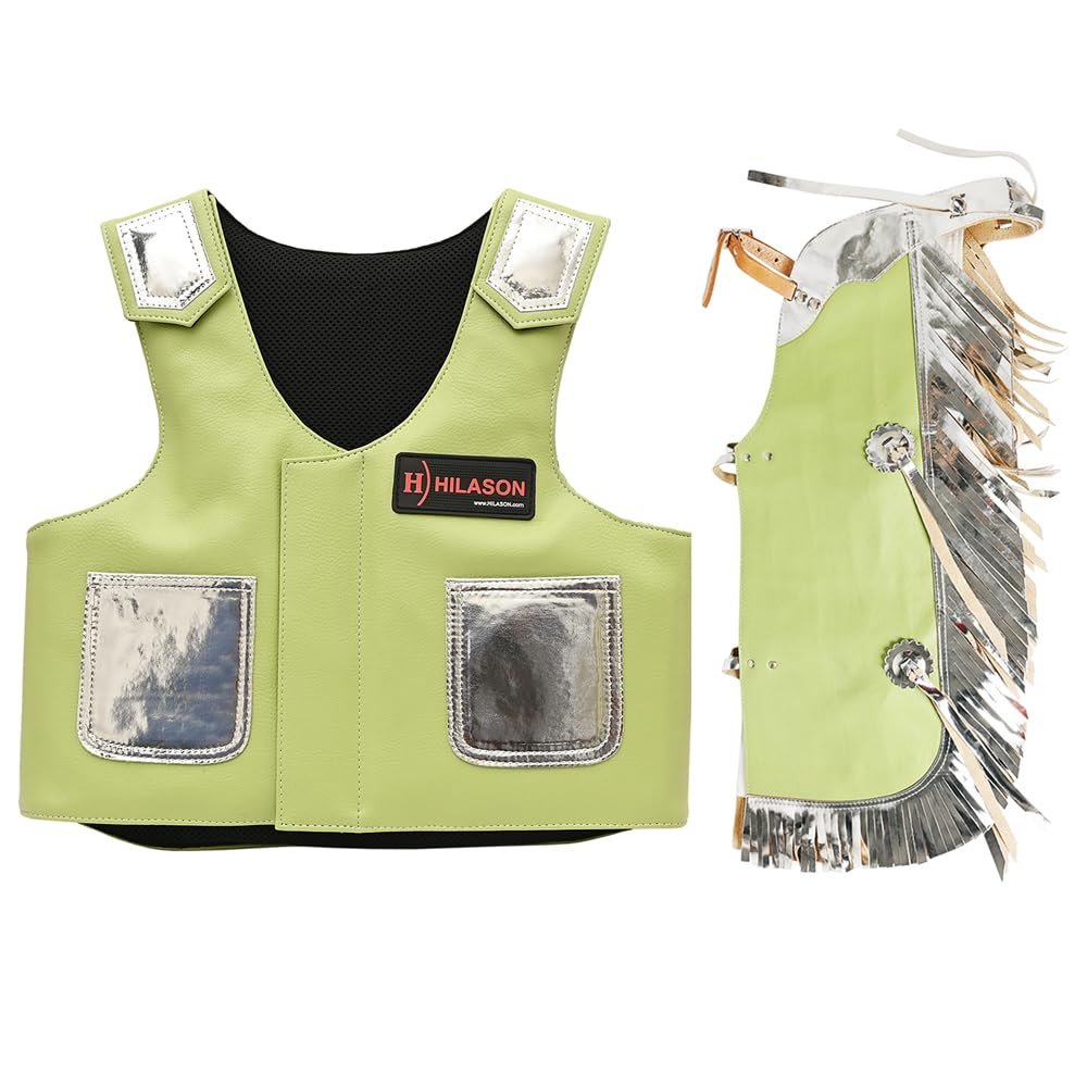 HILASON Junior Youth Bull Riding Pro Rodeo Leather Protective Vest Chaps Olive Green