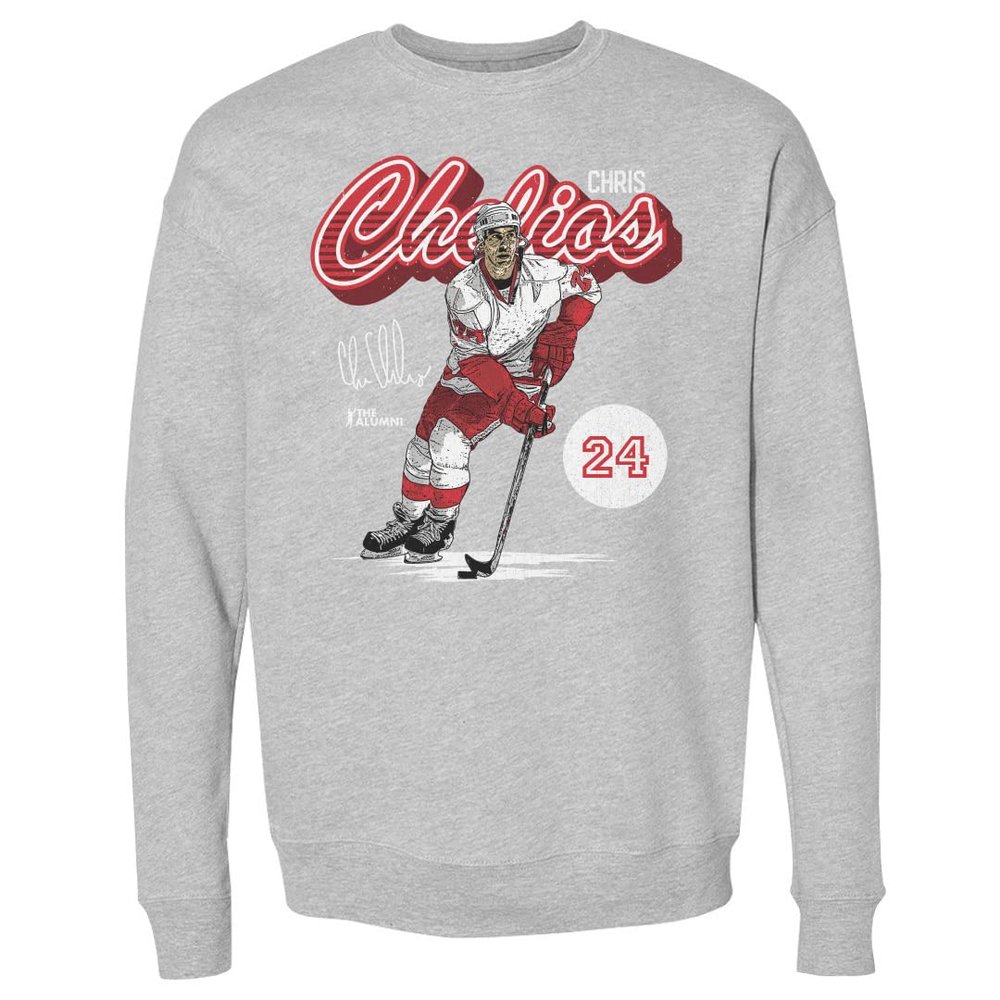 500 LEVEL Chris Chelios Sweatshirt (Crew Sweatshirt, XX-Large, Heather Gray) - Chris Chelios Detroit Retro Script WHT