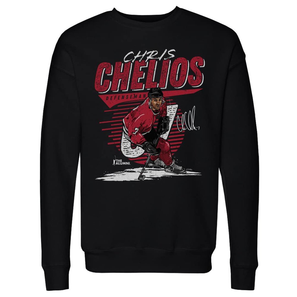 500 LEVEL Chris Chelios Sweatshirt (Crew Sweatshirt, XX-Large, Black) - Chris Chelios Chicago Comet WHT