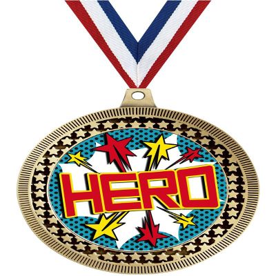 2.75" Hero with Stars Medal Awards, Gold Vega Hero with Stars Team Trophy Awards Includes Free Neck Ribbon 100 Pack Prime