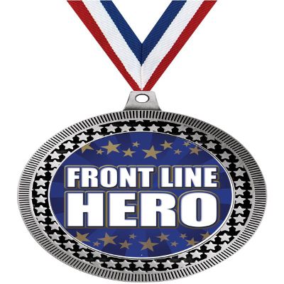 2.75" Front Line Hero Medal Awards, Silver Vega Front Line Hero Team Trophy Awards Includes Free Neck Ribbon 100 Pack Prime