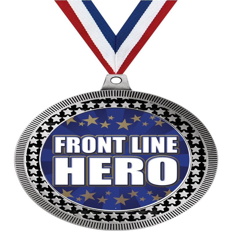 2.75" Front Line Hero Medal Awards, Silver Vega Front Line Hero Team Trophy Awards Includes Free Neck Ribbon 100 Pack Prime