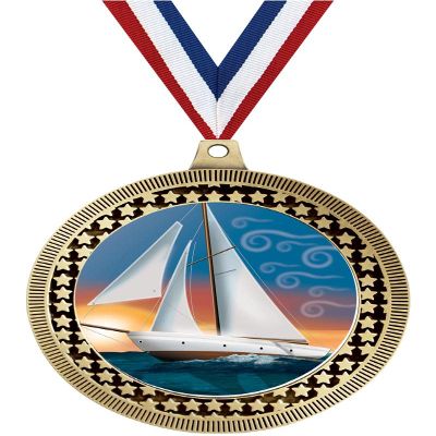 2.75" Sailboat Medal Awards, Gold Vega Sailboat Team Trophy Awards Includes Free Neck Ribbon 50 Pack Prime