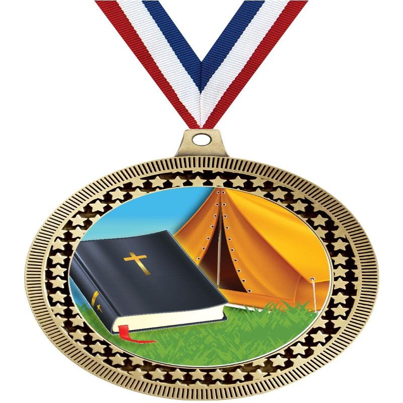 2.75" Bible Camp Medal Awards, Gold Vega Bible Camp Team Trophy Awards Includes Free Neck Ribbon 50 Pack Prime