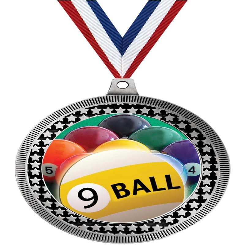 2.75" 9 Ball Medal Awards, Silver Vega 9 Ball Team Trophy Awards Includes Free Neck Ribbon 20 Pack Prime