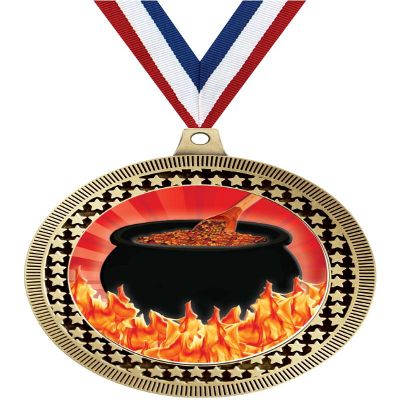 2.75" Flaming Hot Chili Pot Medal Awards, Gold Vega Flaming Hot Chili Pot Team Trophy Awards Includes Free Neck Ribbon 100 Pack Prime