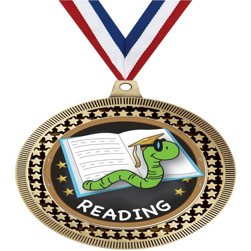2.75" Reading Book Worm Medal Awards, Gold Vega Reading Book Worm Team Trophy Awards Includes Free Neck Ribbon 50 Pack Prime