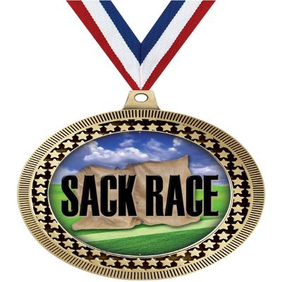 2.75" Sack Race Medal Awards, Gold Vega Sack Race Team Trophy Awards Includes Free Neck Ribbon 10 Pack Prime