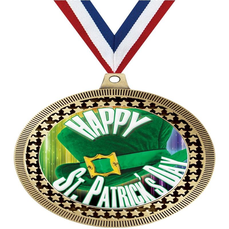 2.75" Happy St. Patricks Day Medal Awards, Gold Vega Happy St. Patricks Day Team Trophy Awards Includes Free Neck Ribbon 50 Pack Prime
