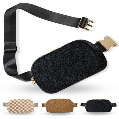 Boutique Fleece Belt Bag | Sherpa Crossbody Bag Fanny Pack for Women Fashionable | Everywhere Waist Pack | Small Fashion Travel Chest Bag (Small Strap Length, Black Fleece)