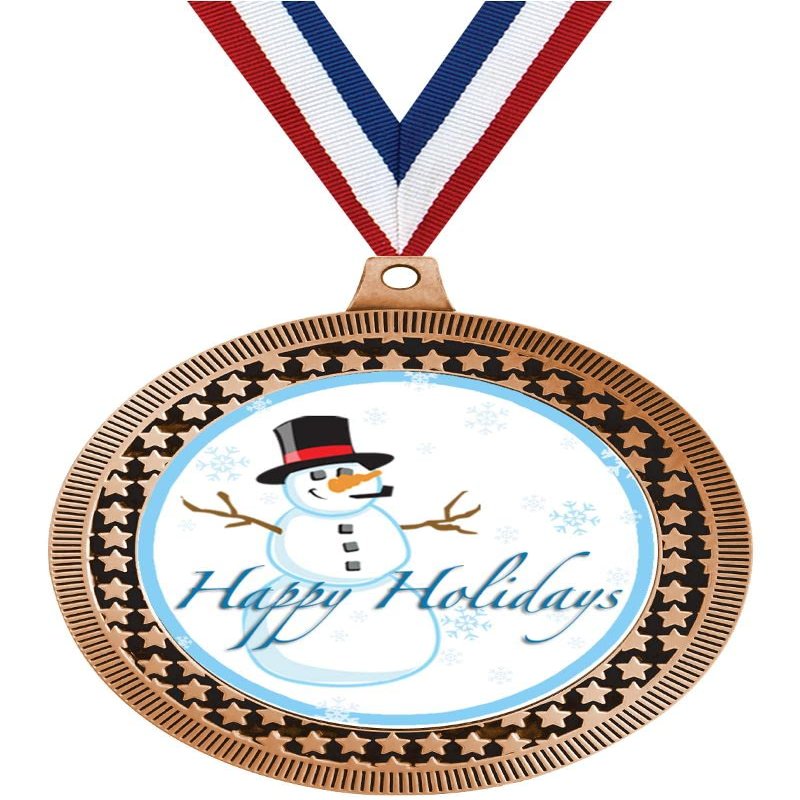 2.75" Happy Holidays Award Medals, Bronze Vega Happy Holidays Team Trophy Awards Includes Free Neck Ribbon 100 Pack