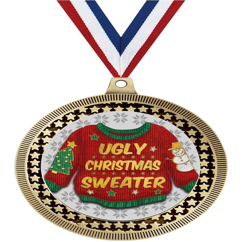2.75" Ugly Christmas Medal Awards, Gold Vega Ugly Christmas Team Trophy Awards Includes Free Neck Ribbon 50 Pack Prime