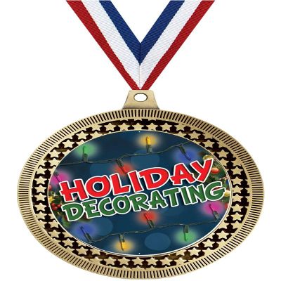2.75" Holiday Decorating Medal Awards, Gold Vega Holiday Decorating Team Trophy Awards Includes Free Neck Ribbon 100 Pack Prime
