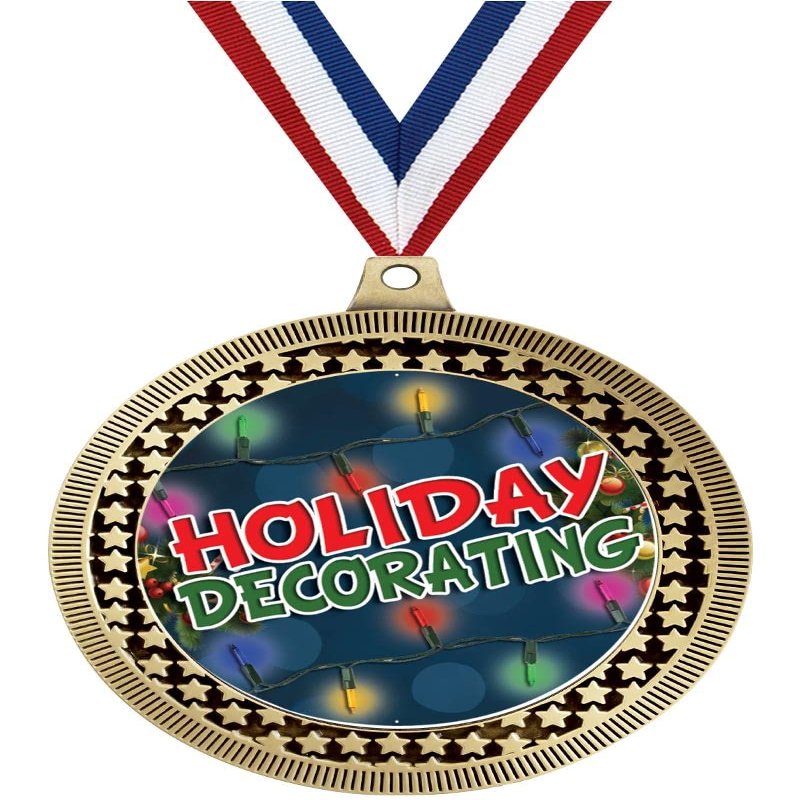 2.75" Holiday Decorating Medal Awards, Gold Vega Holiday Decorating Team Trophy Awards Includes Free Neck Ribbon 100 Pack Prime