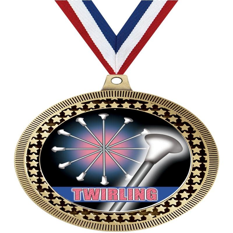 2.75" Twirling Baton Medal, Gold Vega Medal Awards with Free Neck Ribbon 50 Pack