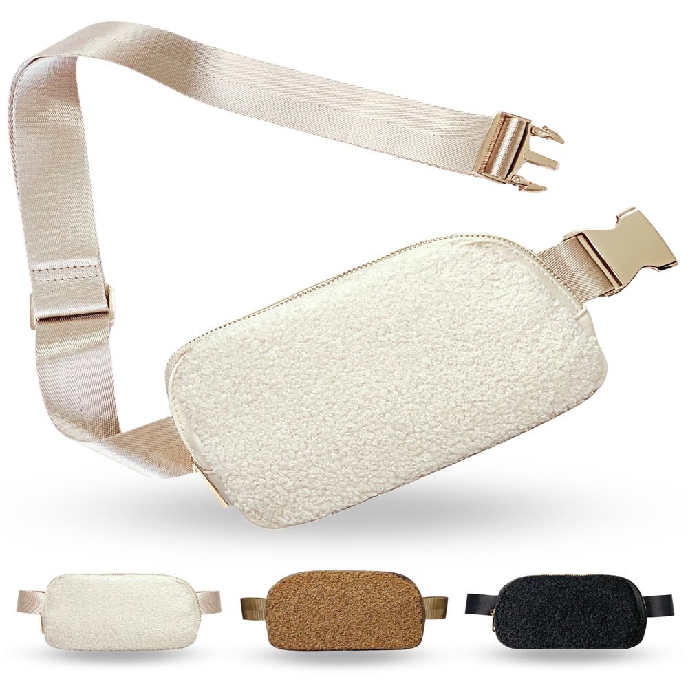 Boutique Fleece Belt Bag | Sherpa Crossbody Fanny Pack for Women | Everywhere Waist Pack | Small Fashion Travel Chest Bag (Cream Fleece, Small Strap Length)