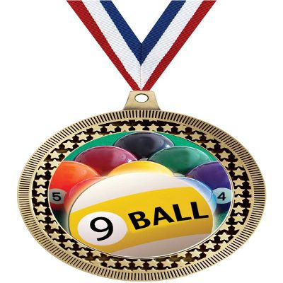 2.75" 9 Ball Medal Awards, Gold Vega 9 Ball Team Trophy Awards Includes Free Neck Ribbon 50 Pack Prime