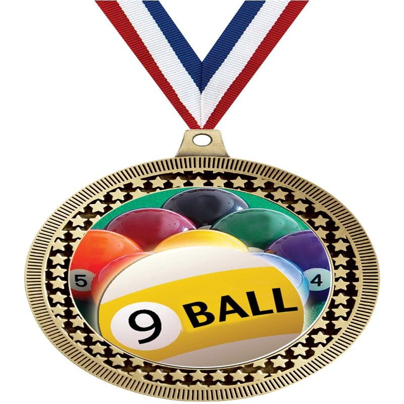 2.75" 9 Ball Medal Awards, Gold Vega 9 Ball Team Trophy Awards Includes Free Neck Ribbon 50 Pack Prime