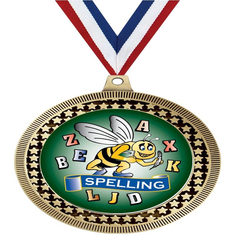 2.75" Spelling Medal Awards, Gold Vega Spelling Team Trophy Awards Includes Free Neck Ribbon 50 Pack Prime