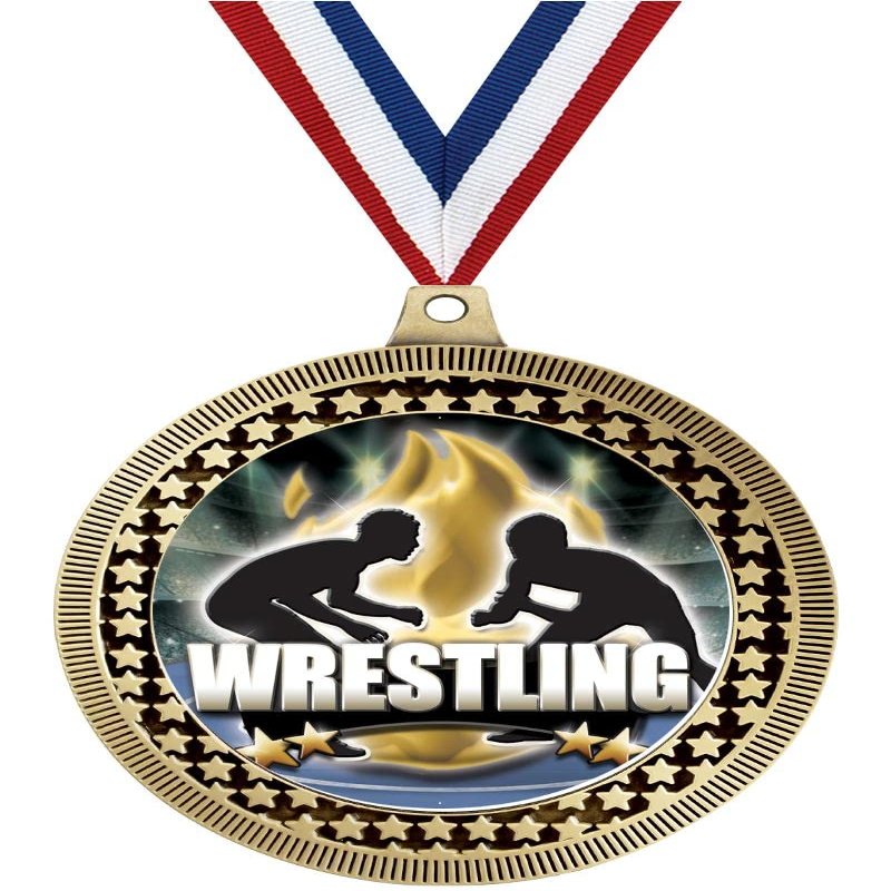 2.75" Wrestling Titan Series Medal Awards, Gold Vega Wrestling Titan Series Team Trophy Awards Includes Free Neck Ribbon 50 Pack Prime