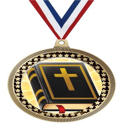 2.75" Bible with Cross Award Medals, Gold Vega Bible with Cross Team Trophy Awards Includes Free Neck Ribbon 50 Pack