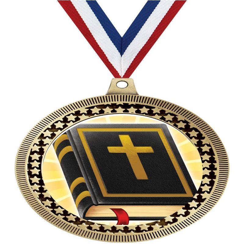 2.75" Bible with Cross Award Medals, Gold Vega Bible with Cross Team Trophy Awards Includes Free Neck Ribbon 50 Pack