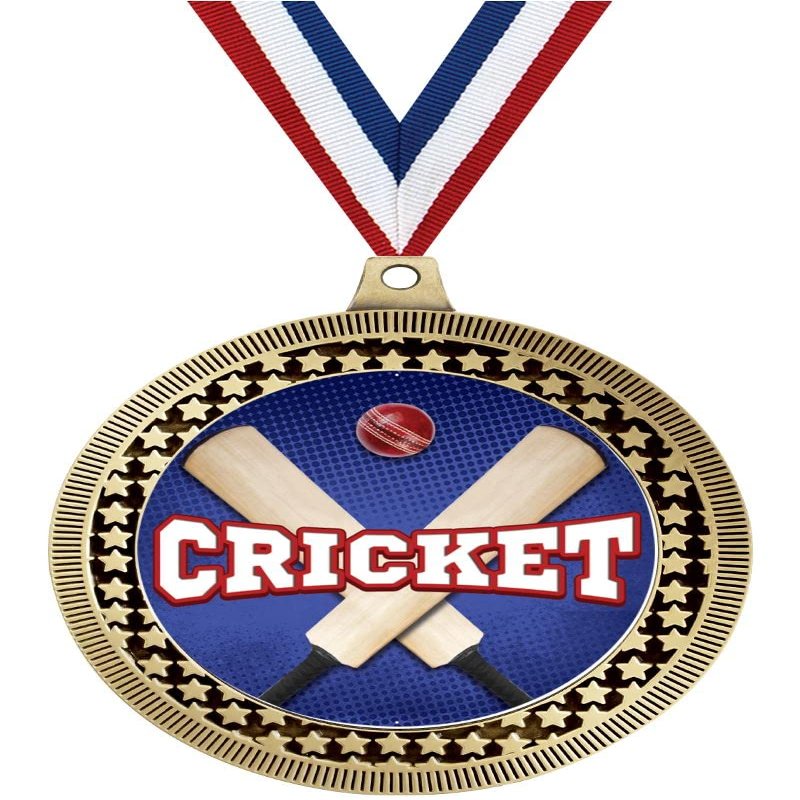 2.75" Cricket Bats & Ball Award Medals, Gold Vega Cricket Bats & Ball Team Trophy Awards Includes Free Neck Ribbon 50 Pack