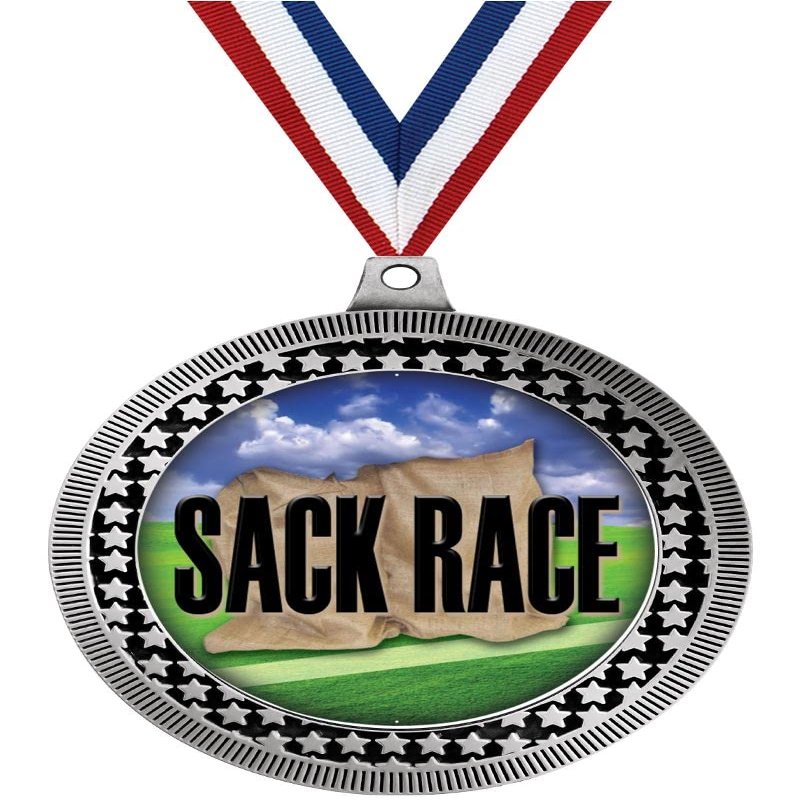 2.75" Sack Race Award Medals, Silver Vega Sack Race Team Trophy Awards Includes Free Neck Ribbon 10 Pack