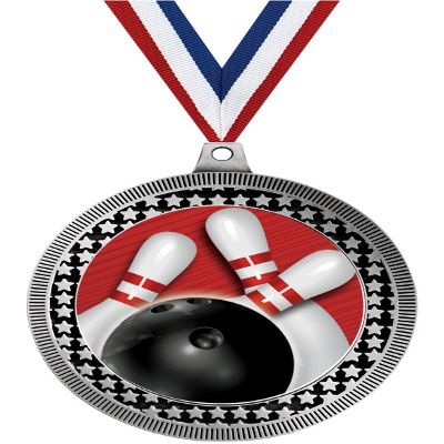 2.75" Bowling Red Stripes Award Medals, Silver Vega Bowling Red Stripes Team Trophy Awards Includes Free Neck Ribbon 10 Pack